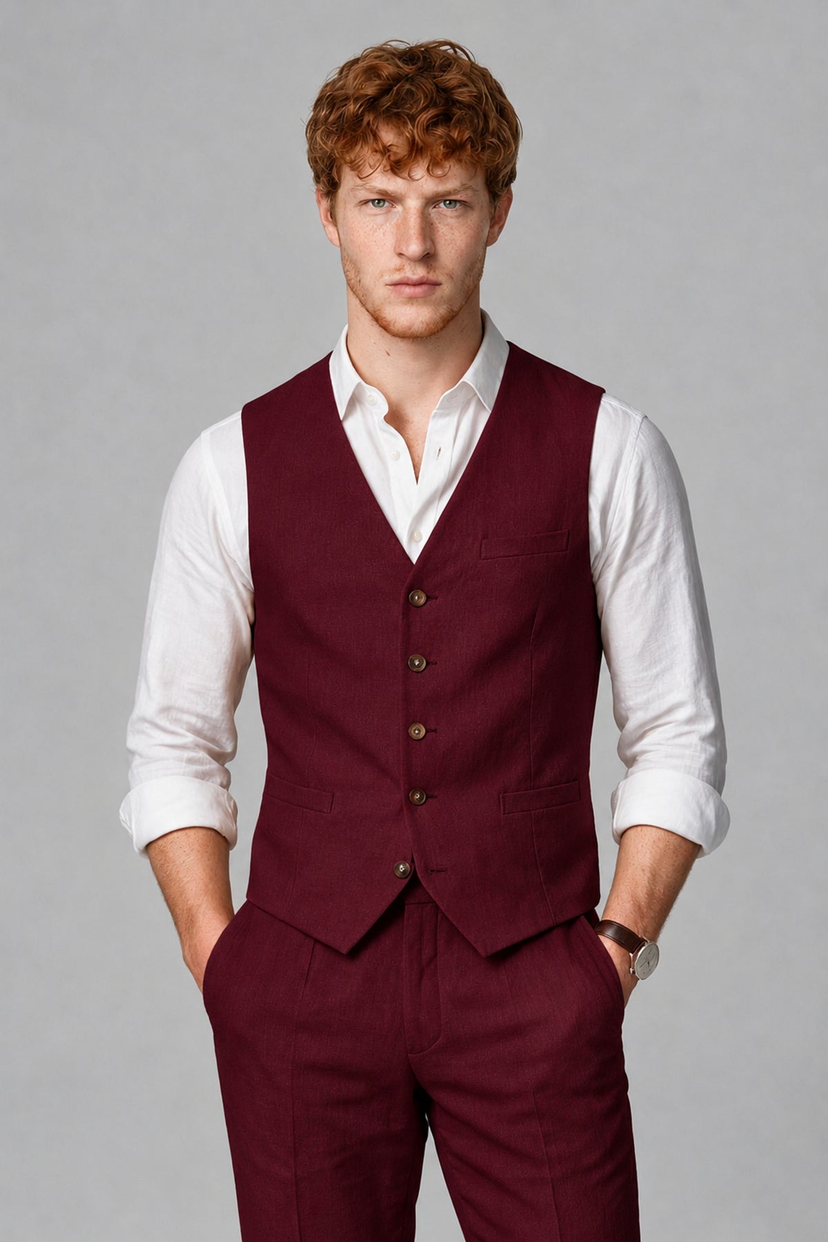 Bolodoo Men's Burgundy 2-Piece Vest and Pants Set with V-Neck Waistcoat - Burgundy - Burgundy_1