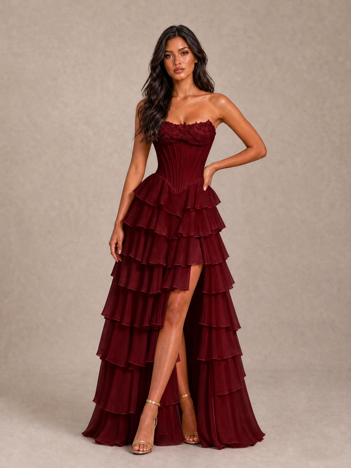 BOLODOO Burgundy Strapless Corset Tiered Ruffle Prom Dress with High Slit - Burgundy - Burgundy_1