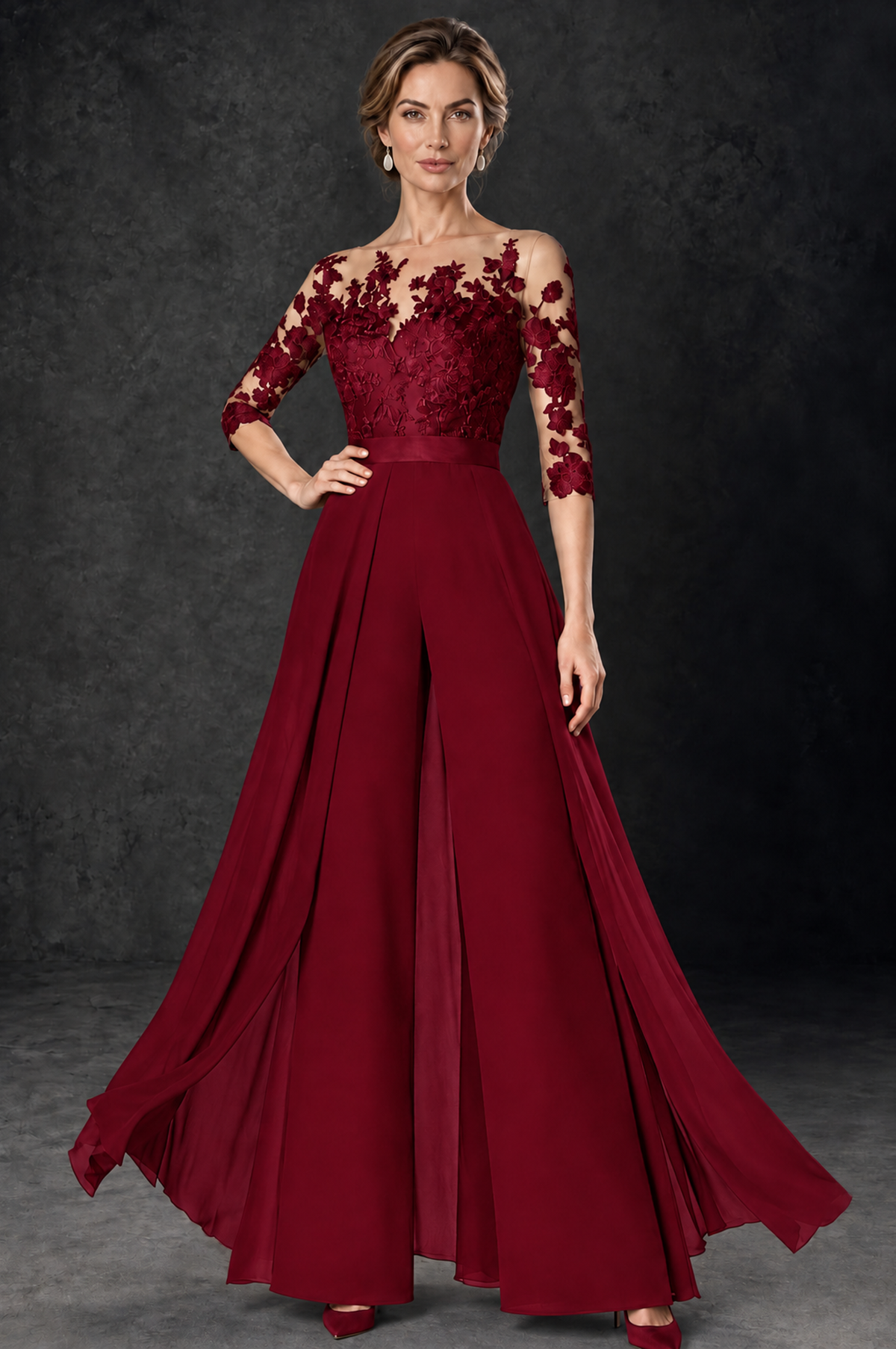 BOLODOO Burgundy Lace Wide-Leg Jumpsuit with Three-Quarter Sleeves - Burgundy - Burgundy_1