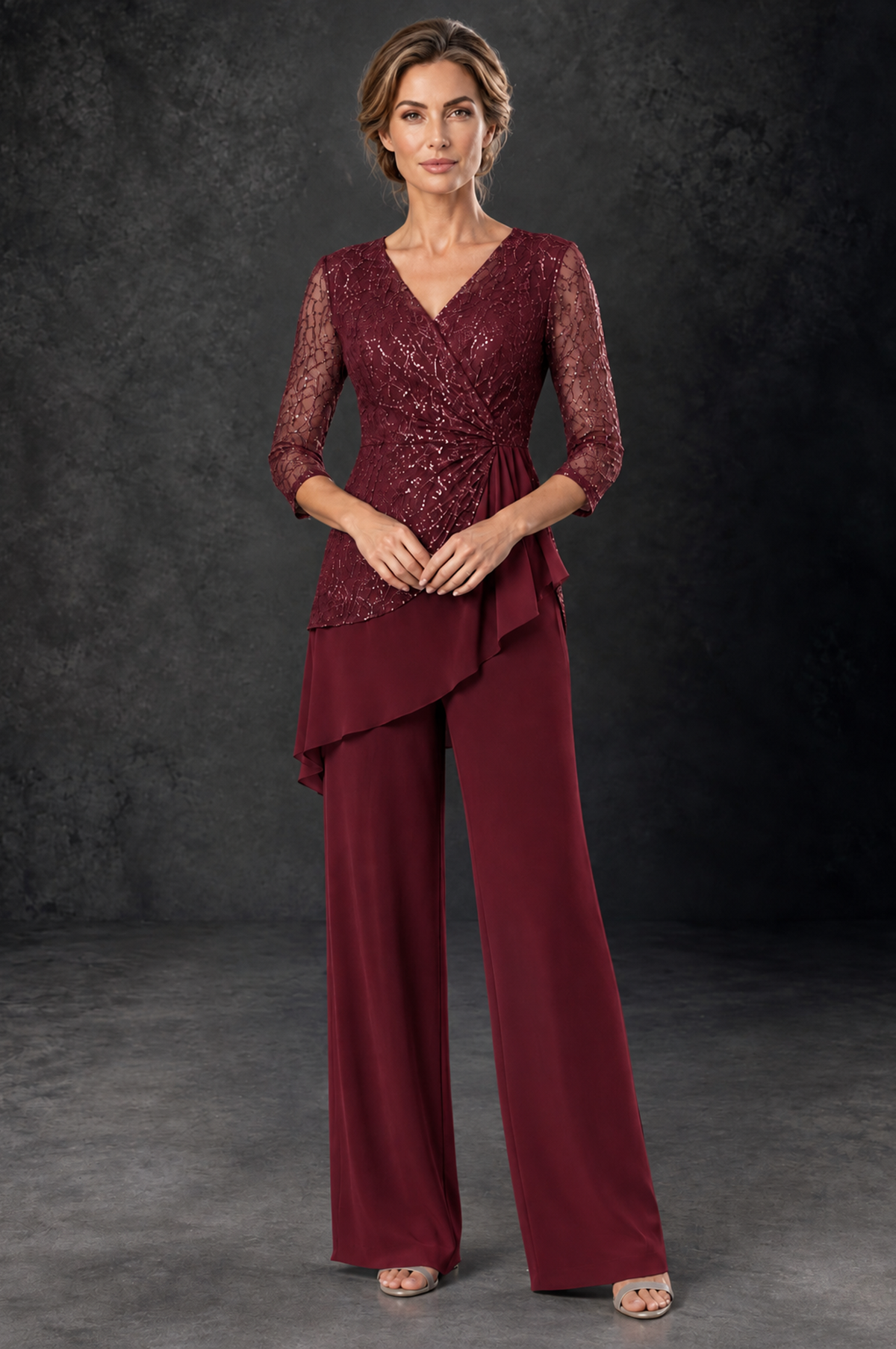 BOLODOO Burgundy Sequin Lace 3/4 Sleeve Chiffon Mother of the Bride Pant Suit - Burgundy - Burgundy_1