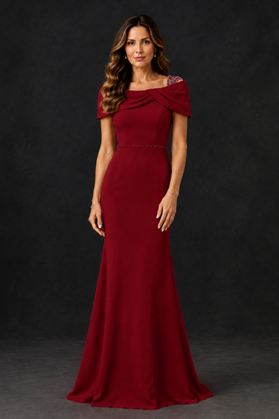 BOLODOO Burgundy Mother of the Bride Dress with Draped Cape Detail - Burgundy - Burgundy_1