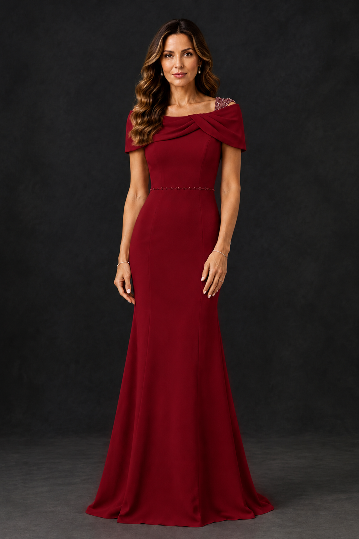 BOLODOO Burgundy Mother of the Bride Dress with Draped Cape Detail - Burgundy - Burgundy_1