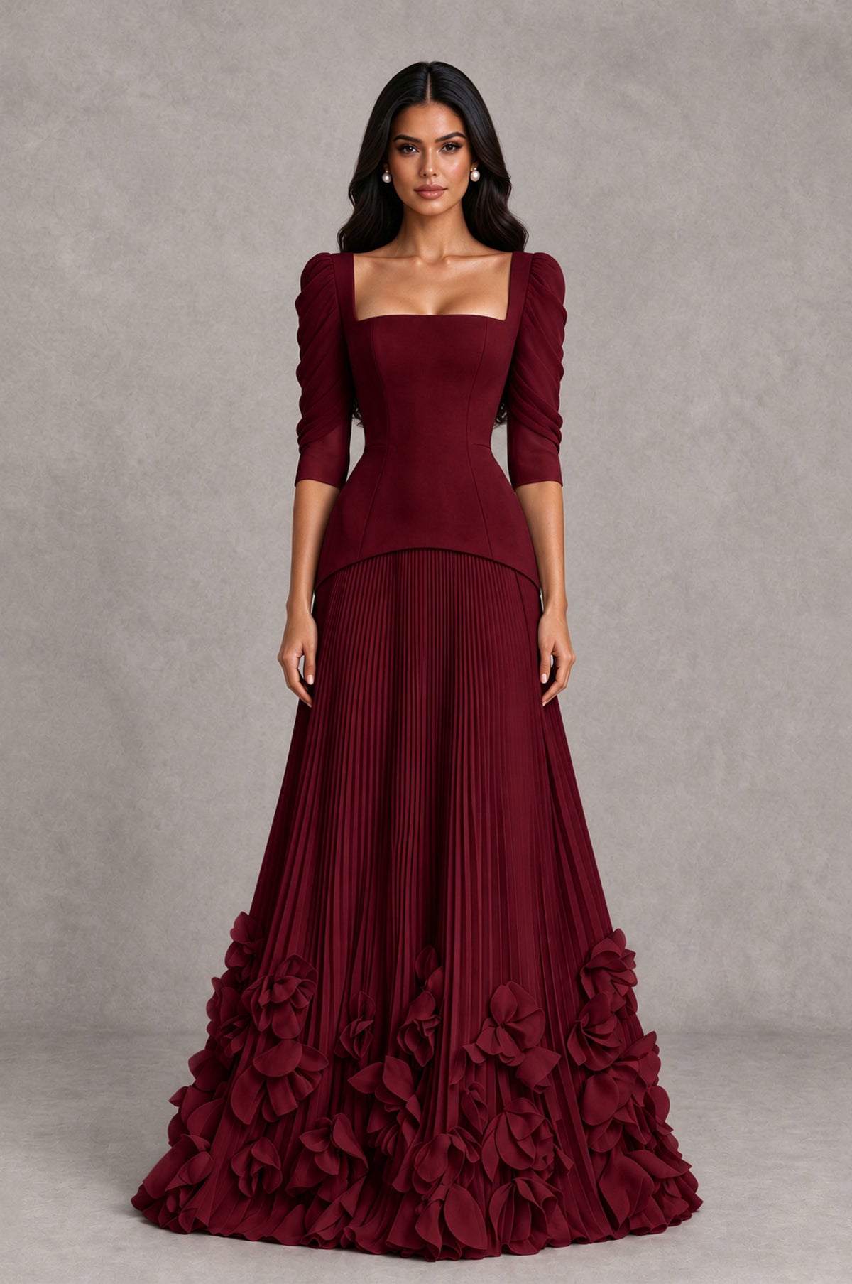 BOLODOO Burgundy Square Neck Pleated Floral Applique Evening Dress - Burgundy - Burgundy_1