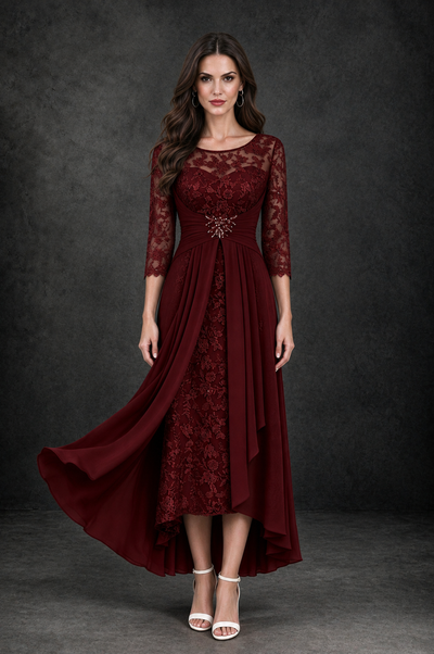 BOLODOO Burgundy Sequin Lace & Chiffon Tea-Length Mother of the Bride Dress with 3/4 Sleeves - Burgundy - Burgundy_1