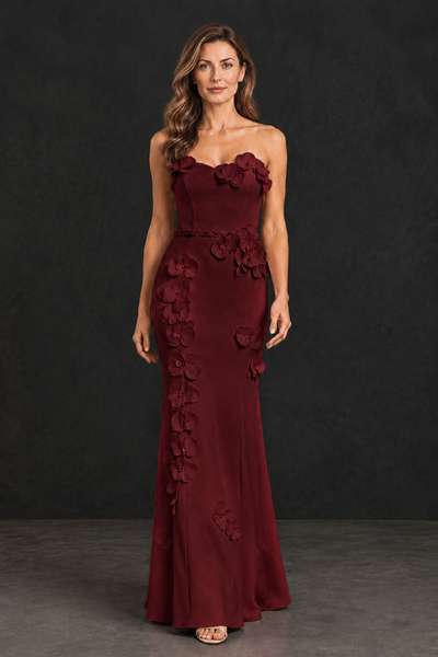 BOLODOO Burgundy Strapless Mother of the Bride Dress with 3D Floral Appliques - Burgundy - Burgundy_1