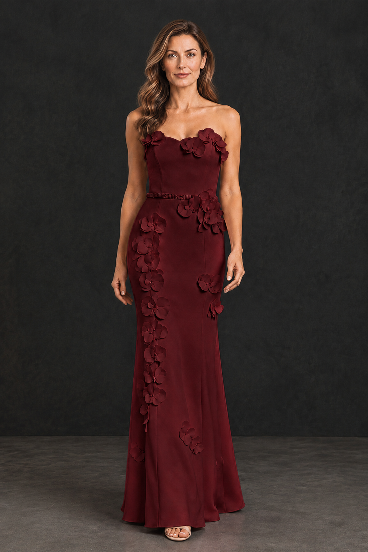 BOLODOO Burgundy Strapless Mother of the Bride Dress with 3D Floral Appliques - Burgundy - Burgundy_1
