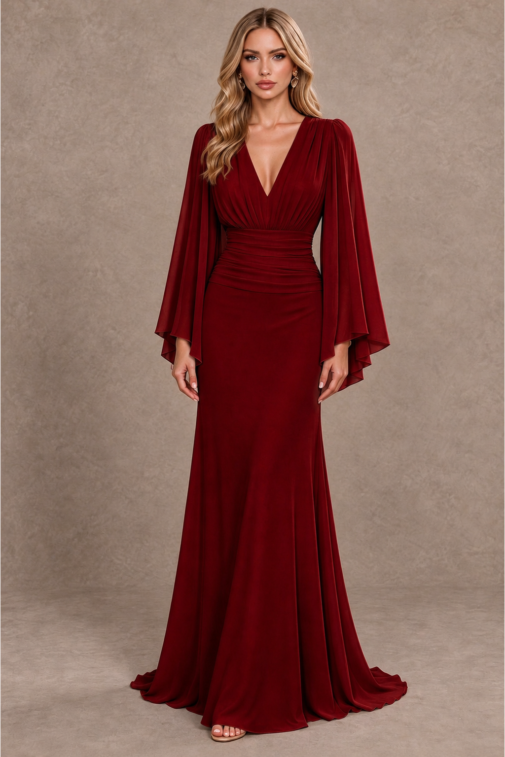 BOLODOO Burgundy Cape Sleeve V-Neck Ruched Chiffon Evening Dress - Burgundy - Burgundy_1