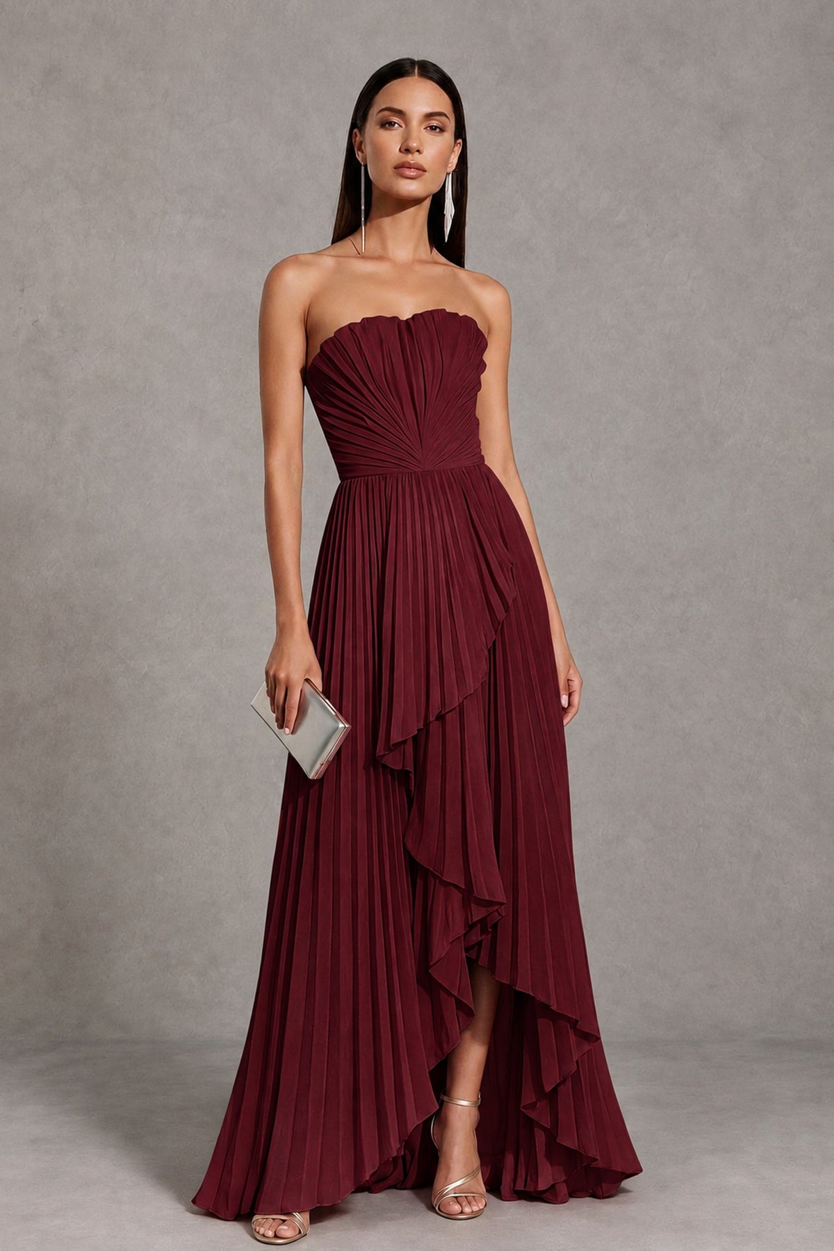 Burgundy Strapless Pleated High-Low Evening Gown with Ruffle Hem - Burgundy