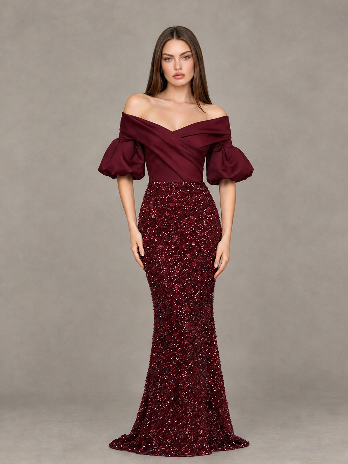 BOLODOO Burgundy Off-Shoulder Puff Sleeve Sequin Mermaid Evening Dress - Burgundy - Burgundy_1