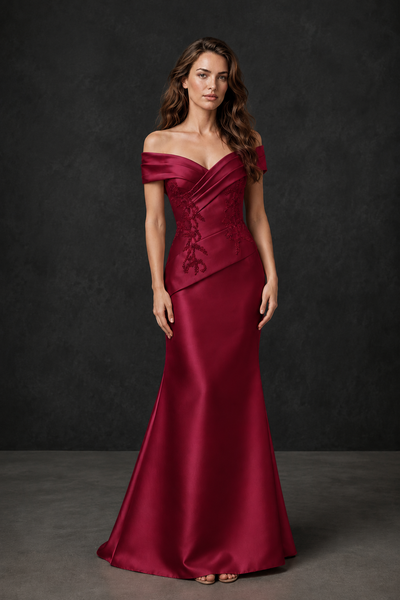 BOLODOO Burgundy Satin Off-Shoulder Sweetheart Asymmetric Peplum Mermaid Gown with Burgundy Floral Embroidery | MOB Evening Dress - Burgundy