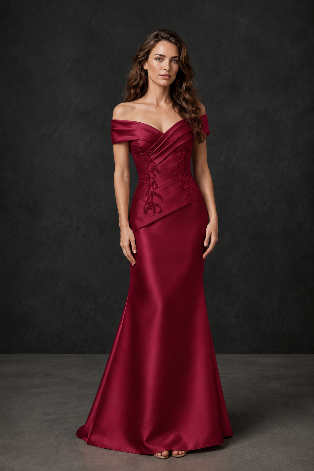 BOLODOO Burgundy Satin Off-Shoulder Sweetheart Asymmetric Peplum Mermaid Gown with Burgundy Floral Embroidery | MOB Evening Dress - Burgundy