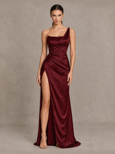 BOLODOO Burgundy One Shoulder Satin Evening Gown with High Slit and Sweep Train - Burgundy - Burgundy_1