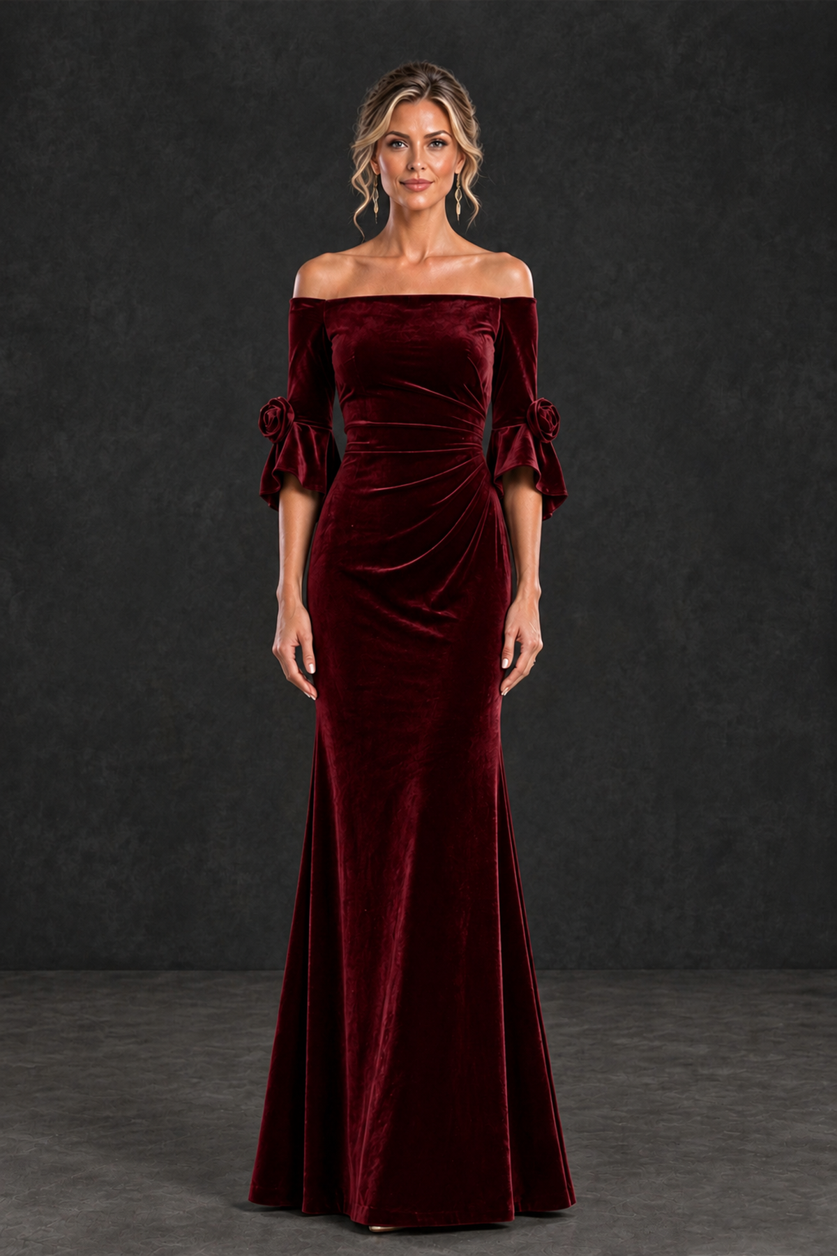 BOLODOO Burgundy Velvet Off-Shoulder Mother of the Bride Dress – 3/4 Floral Cuff Sleeve Mermaid Evening Gown - Burgundy - Burgundy_1