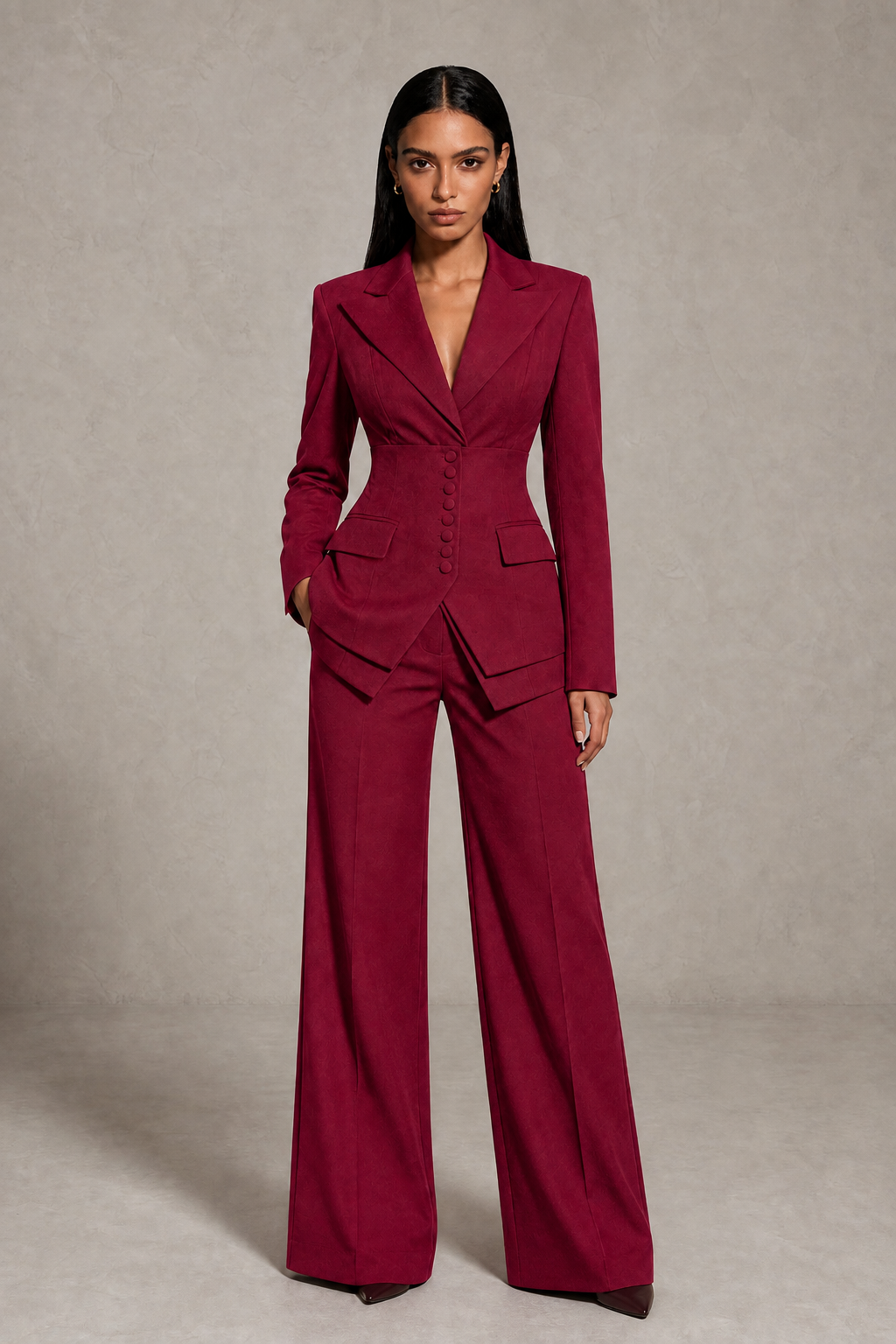 BOLODOO Burgundy Cinched Waist Blazer and Wide Leg Pants Two Piece Suit Set - Burgundy