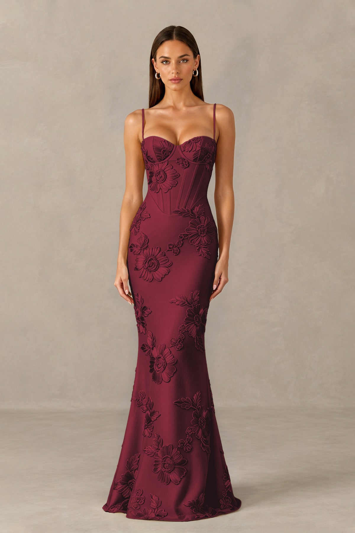 BOLODOO Burgundy Floral Lace-Up Back Mermaid Maxi Dress - Burgundy