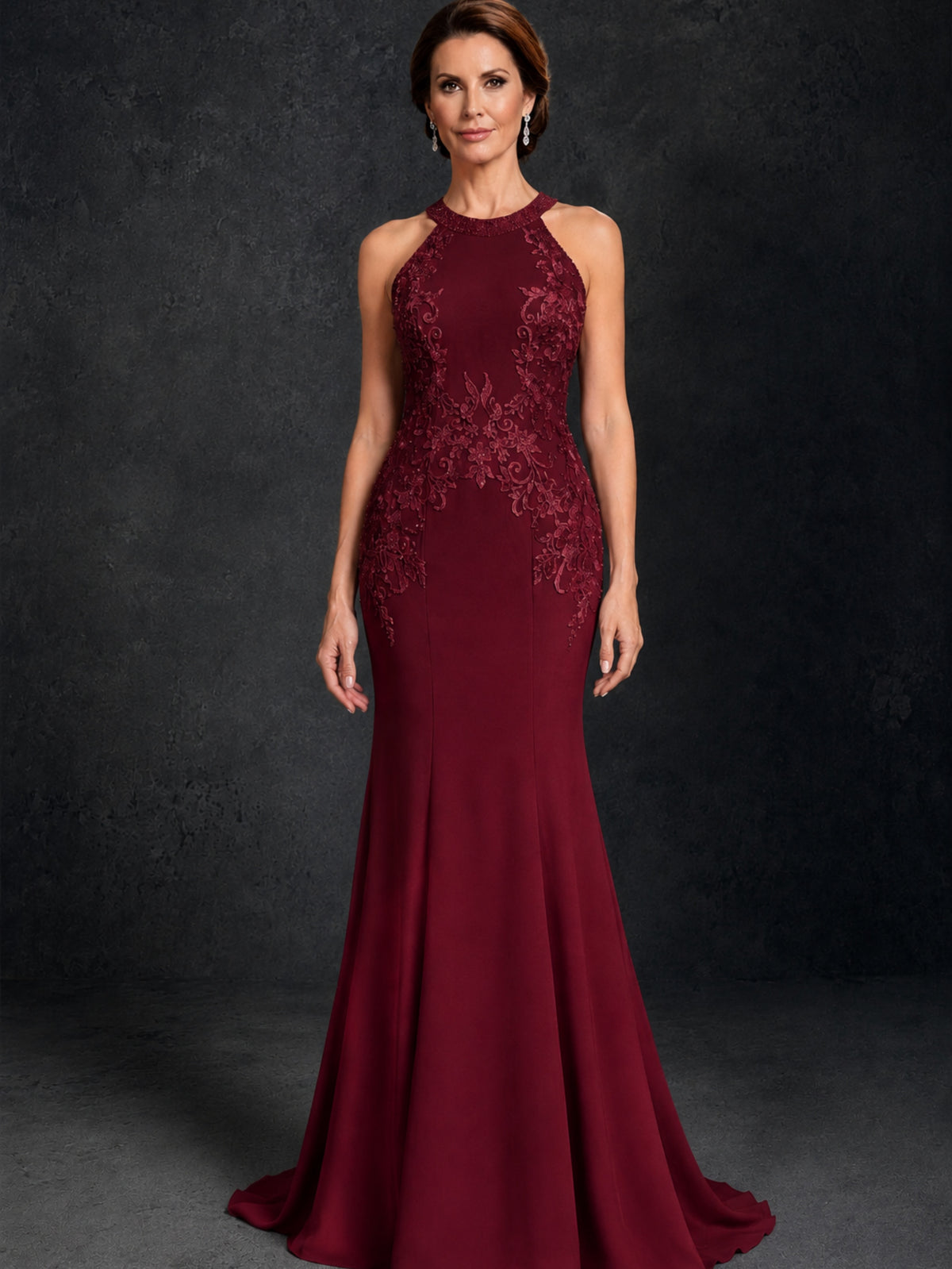 BOLODOO Burgundy Lace Applique Halter Neck Sheer Back Mermaid Maxi Dress with Sweep Train - Burgundy