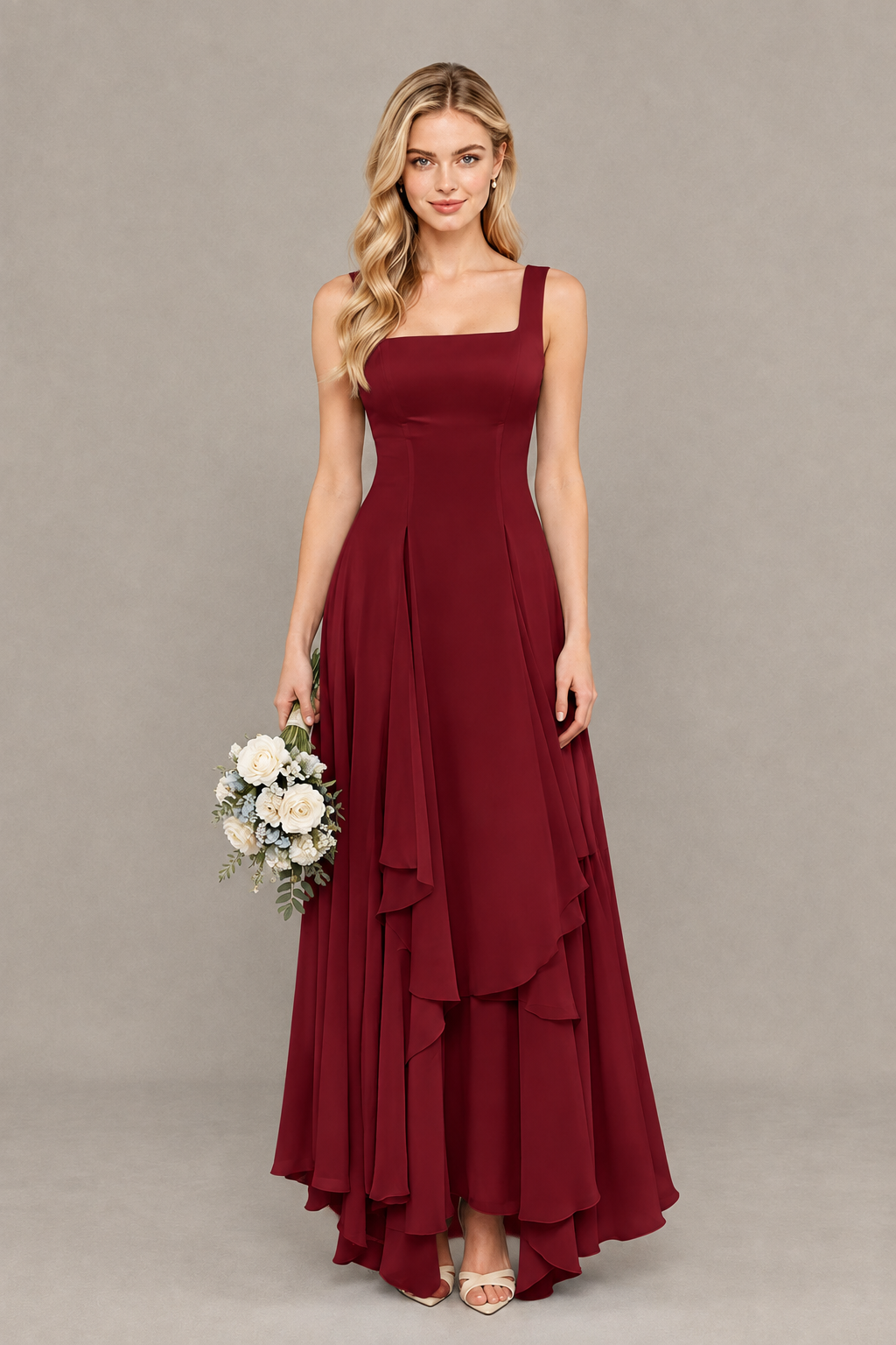 BOLODOO Burgundy Square Neck Chiffon Bridesmaid Dress with Lace-Up Back - Burgundy
