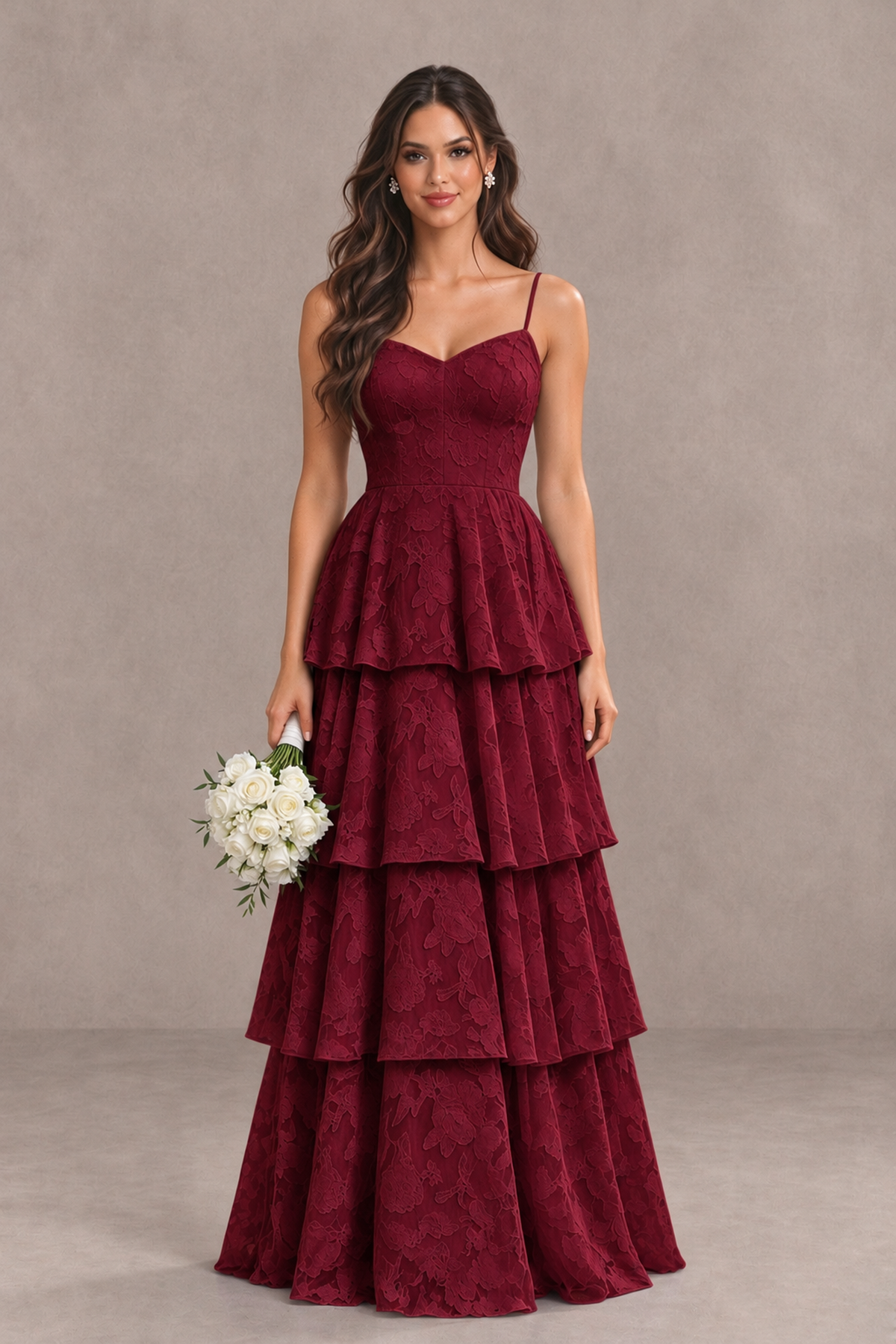 BOLODOO Burgundy Tiered Floral-Textured Spaghetti Strap Maxi Dress - Burgundy - Burgundy_1