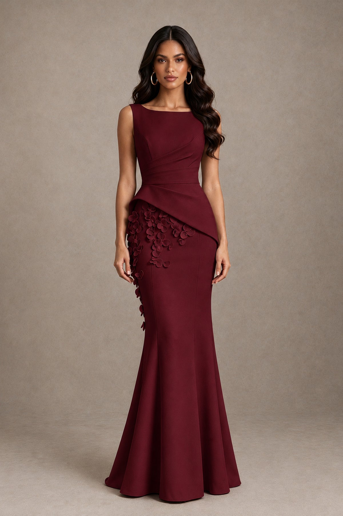 BOLODOO Burgundy Bateau Neck Sleeveless Asymmetric Peplum 3D Petal Appliqué Mermaid Gown BD0421 - Burgundy - Burgundy_1