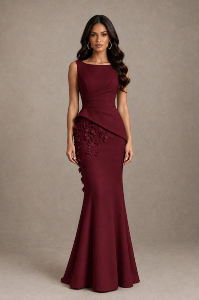BOLODOO Burgundy Bateau Neck Sleeveless Asymmetric Peplum 3D Petal Appliqué Mermaid Gown BD0421 - Burgundy - Burgundy_1