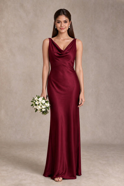 BOLODOO Burgundy Cowl Neck Open Back Satin Bridesmaid Dress - Burgundy - Burgundy_1