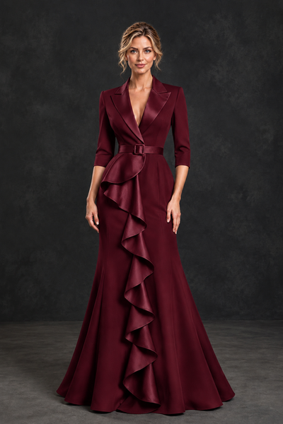BOLODOO Burgundy Lapel Ruffle Mother of the Bride Dress with Belt - Burgundy - Burgundy_1