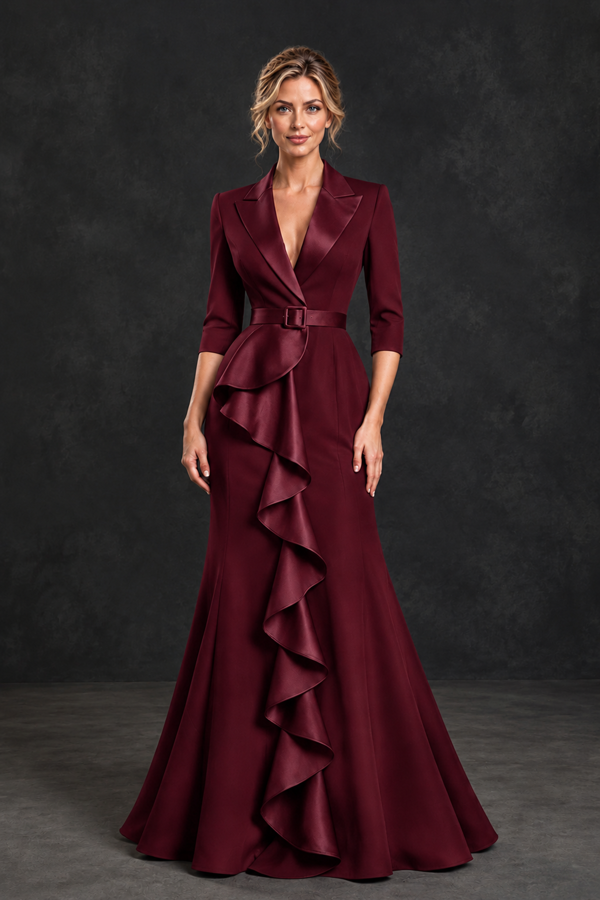 BOLODOO Burgundy Lapel Ruffle Mother of the Bride Dress with Belt - Burgundy - Burgundy_1