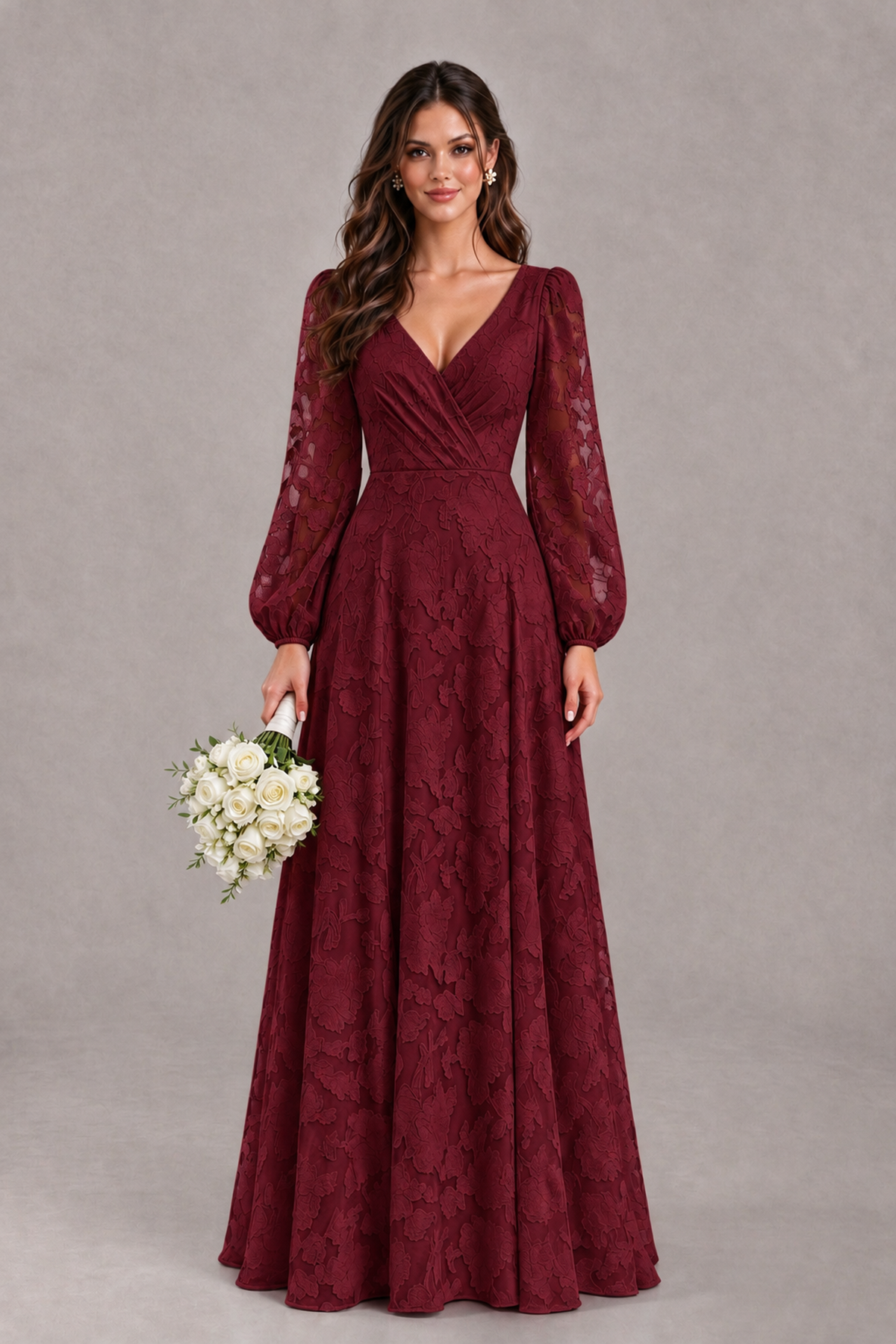 BOLODOO Burgundy Long Sleeve V-Neck A-Line Mother of the Bride Dress - Burgundy - Burgundy_1