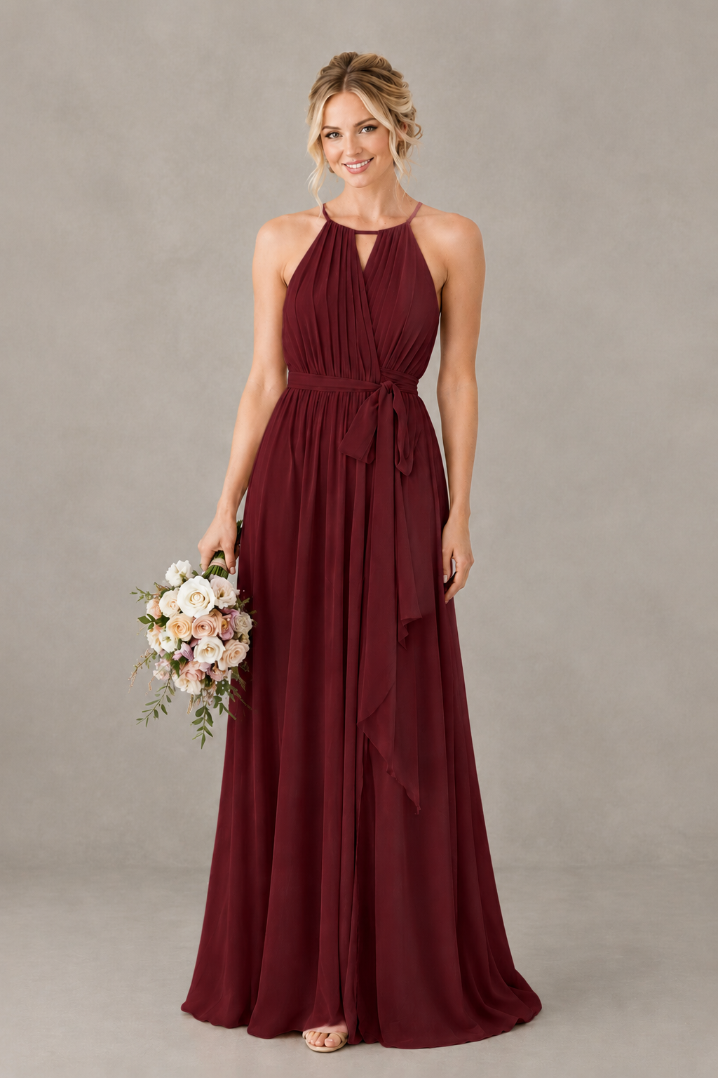 BOLODOO Burgundy Halter Chiffon Bridesmaid Dress with High Slit - Burgundy