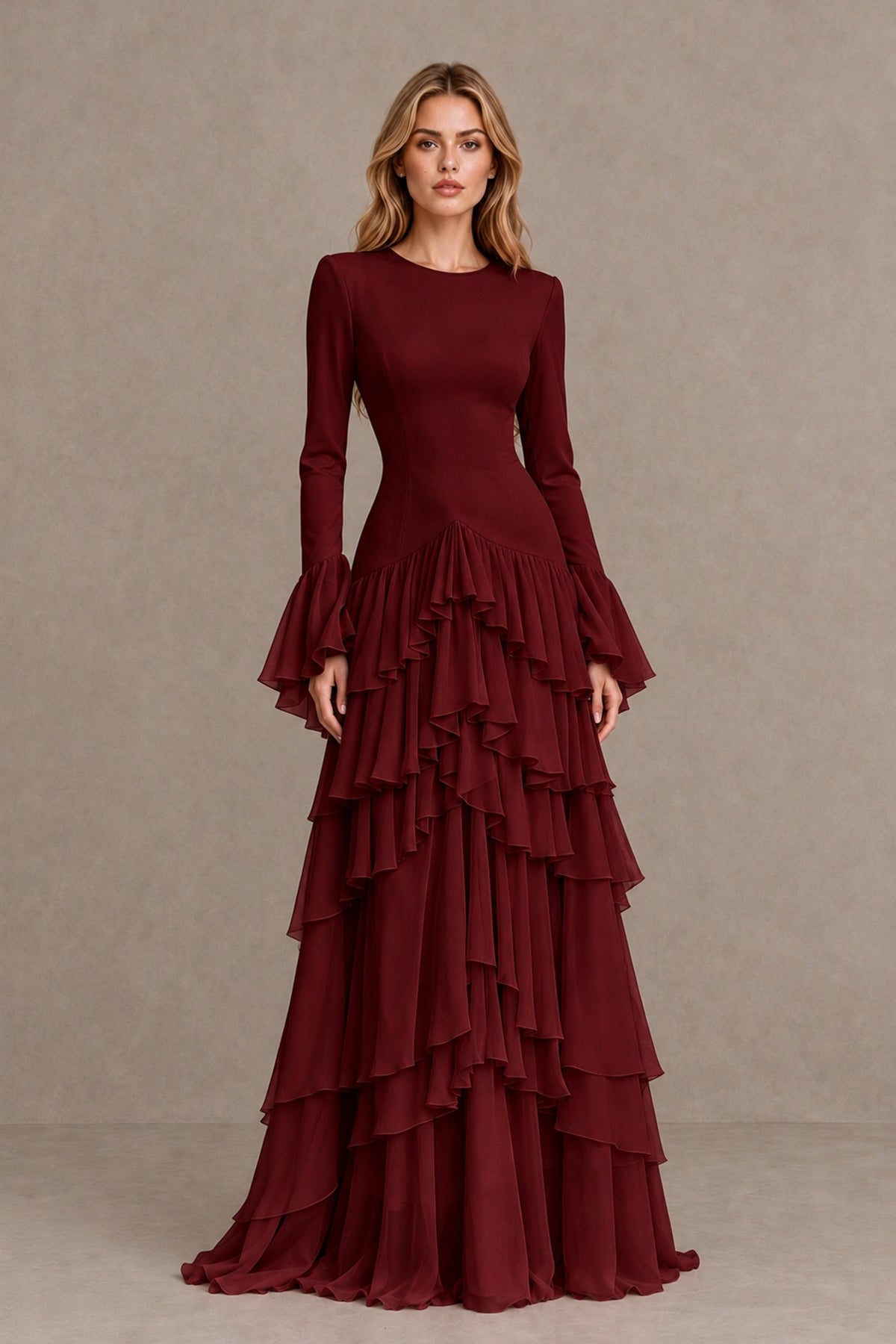 Burgundy Long Sleeve Tiered Ruffle Evening Gown - Burgundy - Burgundy_1