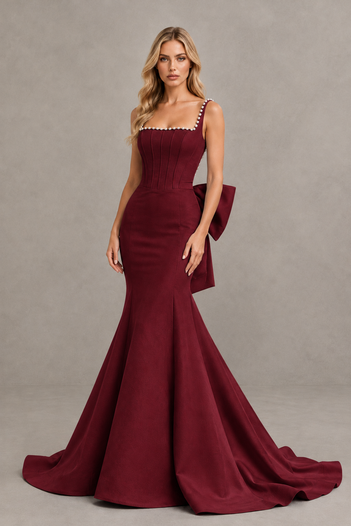 BOLODOO Burgundy Pearl-Trim Mermaid Prom Dress with Back Bow - Burgundy - Burgundy_1