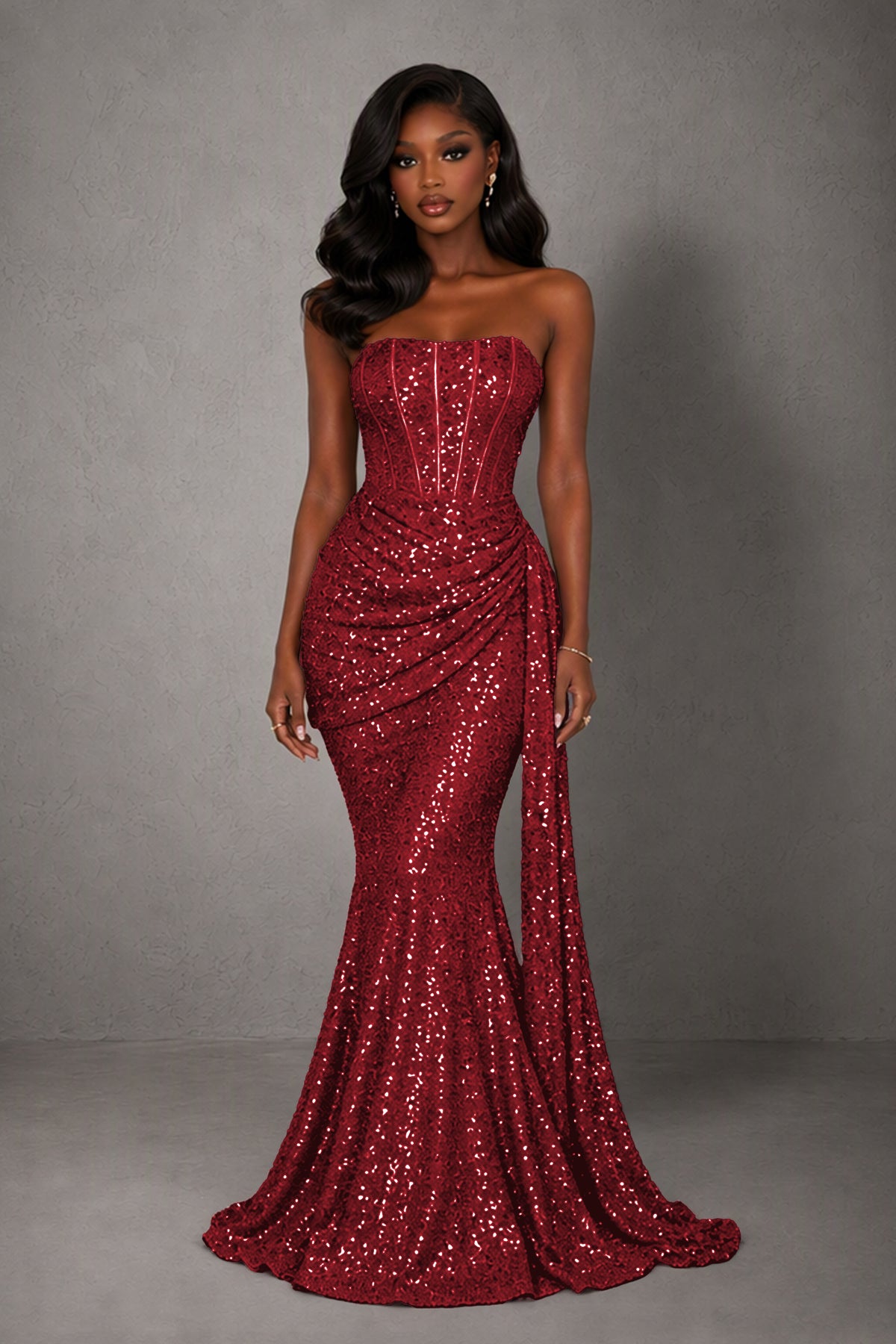 BOLODOO Burgundy Sequin Strapless Corset Mermaid Evening Gown with Train - Burgundy