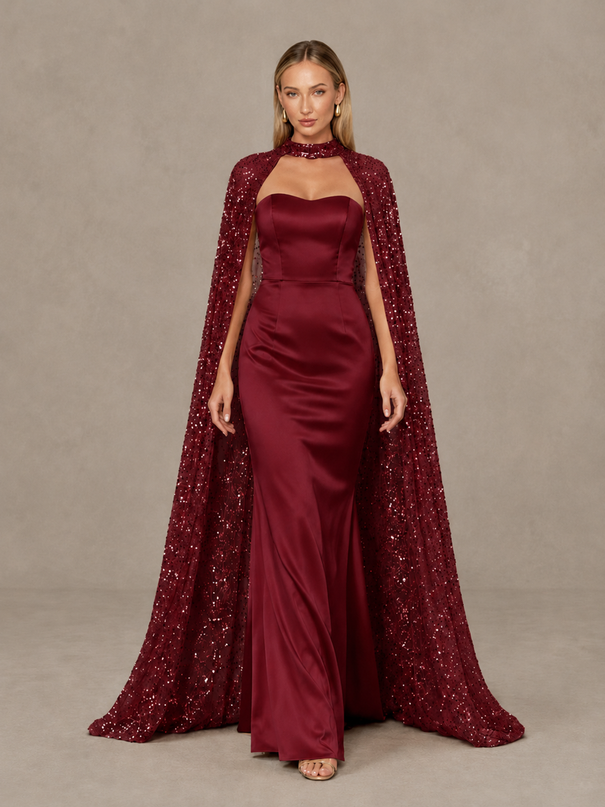 BOLODOO Burgundy Strapless Satin-Look Evening Gown with Sequin Cape - Burgundy - Burgundy_1