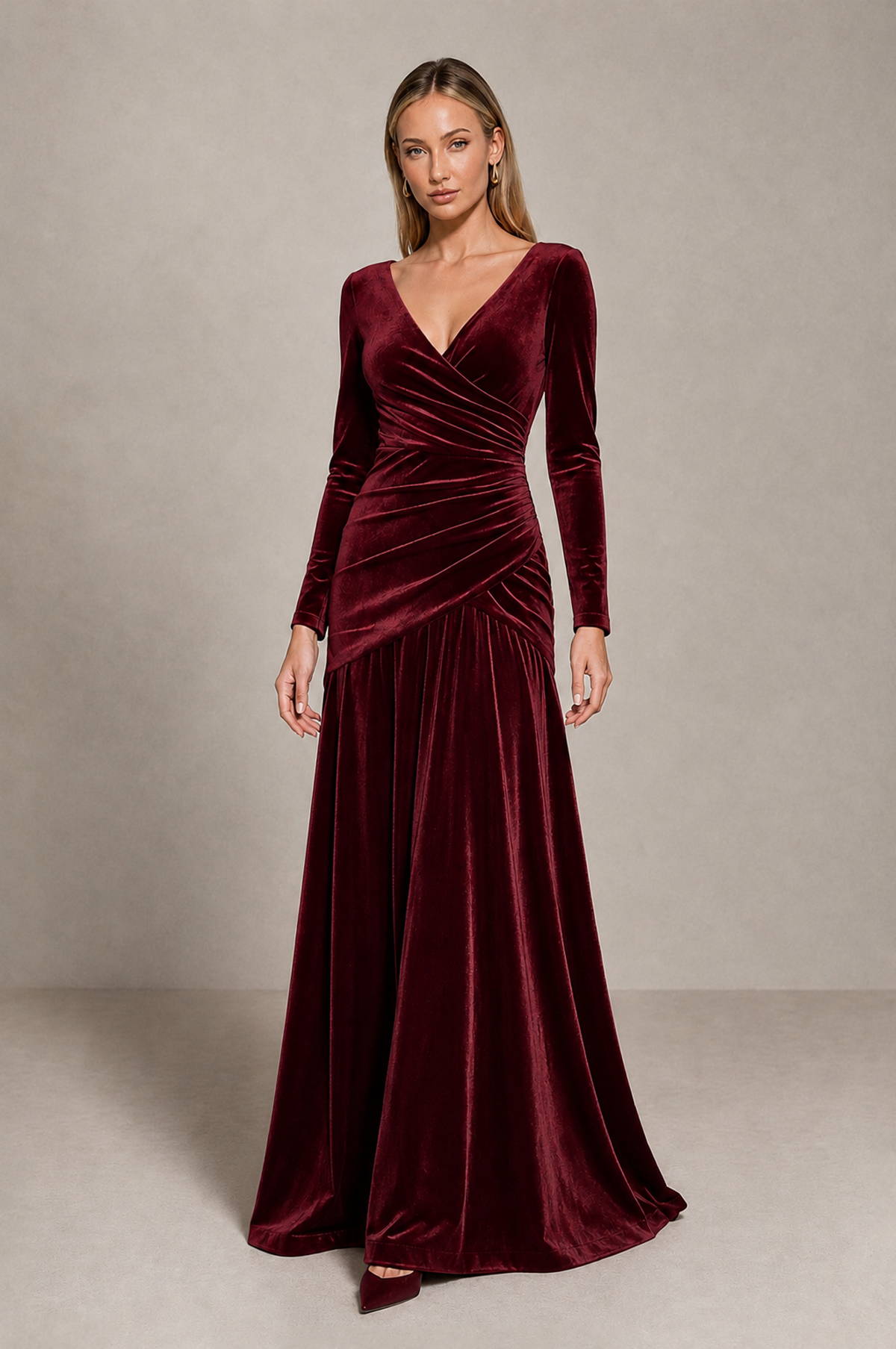 BOLODOO Burgundy Velvet Long Sleeve V-Neck Ruched Evening Dress - Burgundy - Burgundy_1