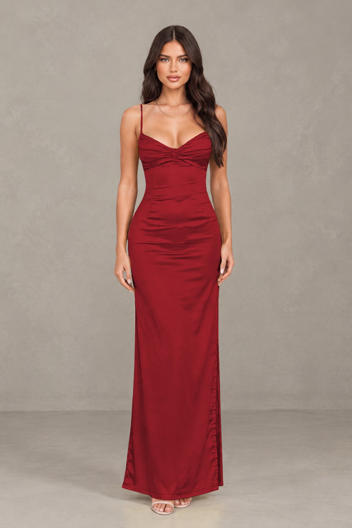 BOLODOO Burgundy Satin Cowl Neck Open Back Mermaid Maxi Dress with Side Slit - Burgundy