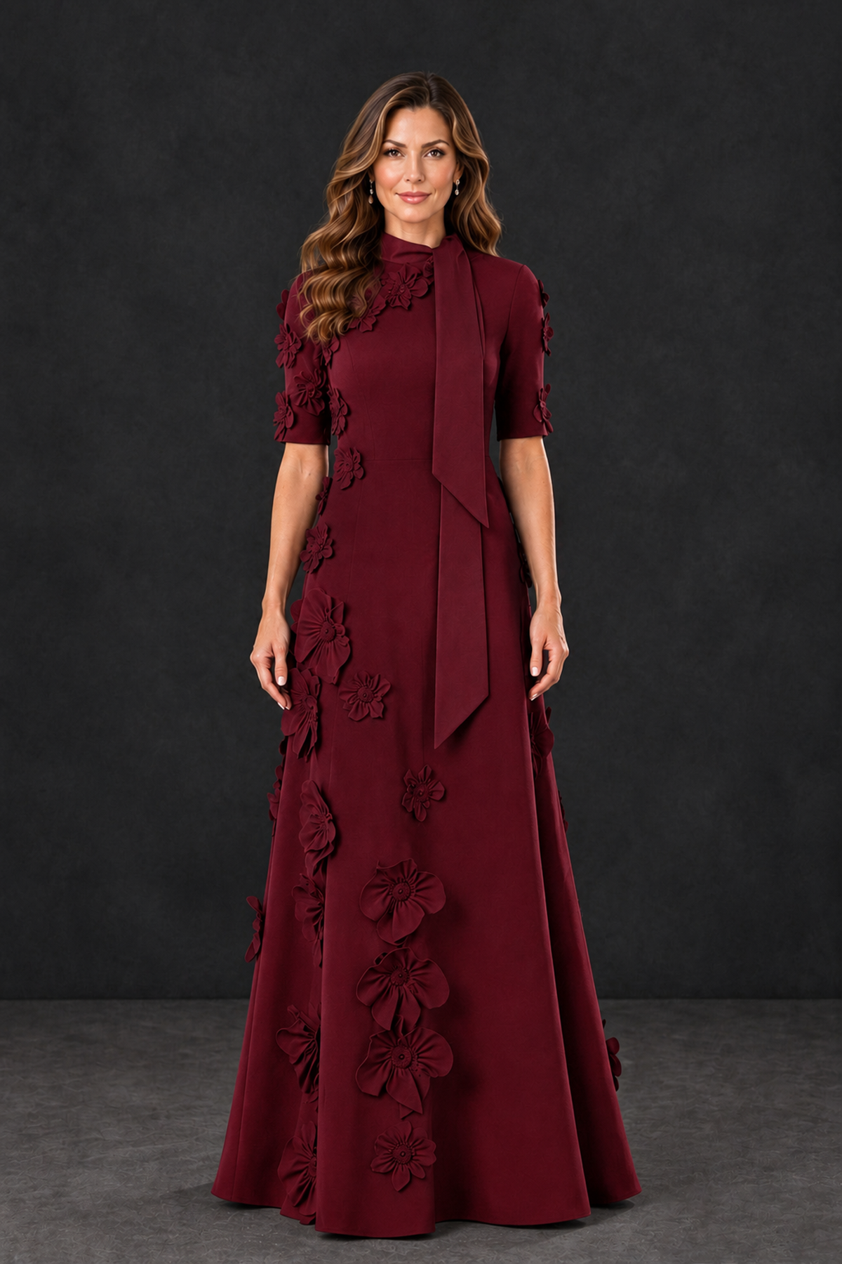 BOLODOO Burgundy Floral Applique High-Neck Half-Sleeve Gown - Burgundy - Burgundy_1