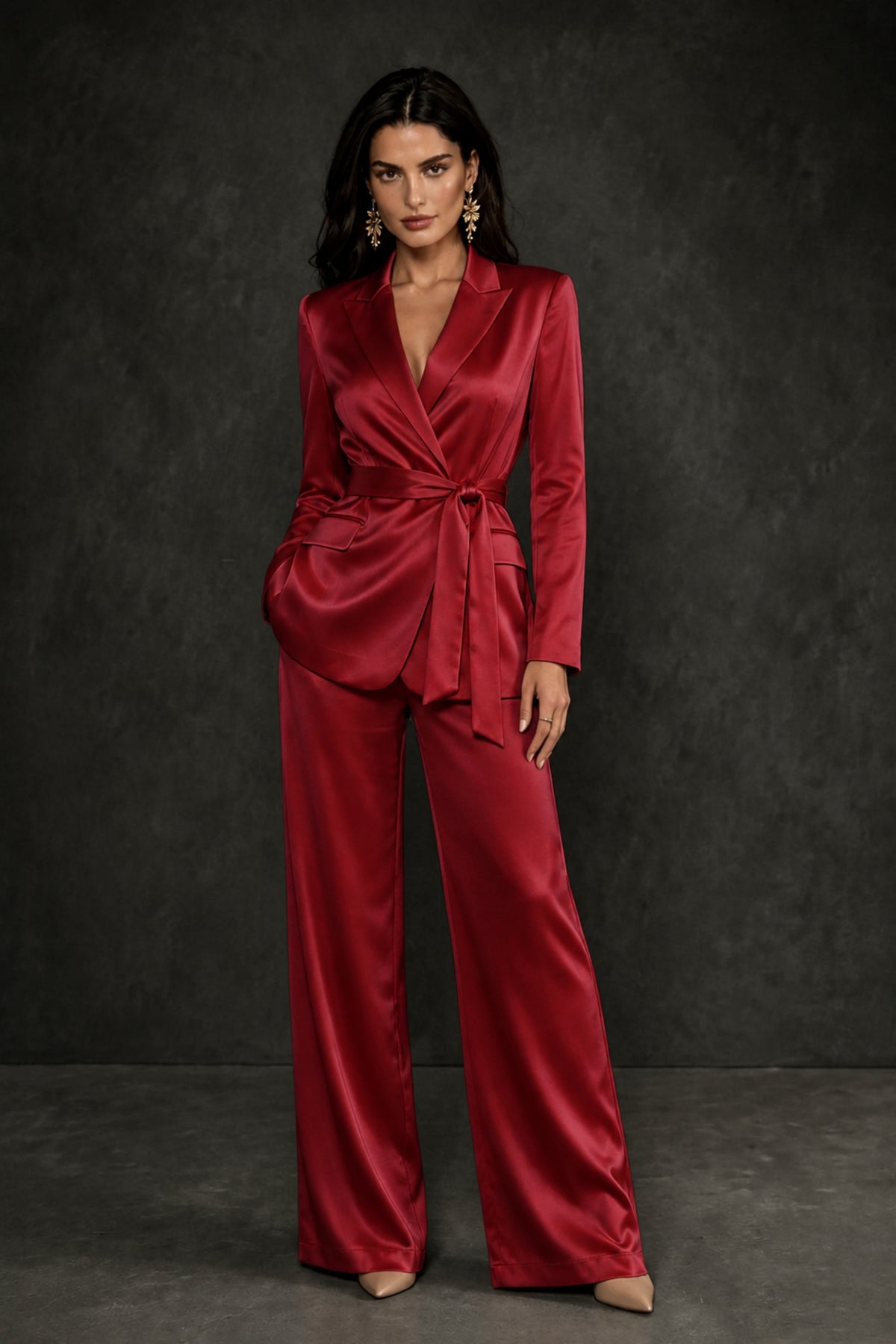 BOLODOO Burgundy Satin Wrap Blazer Wide-Leg Pants Two-Piece Suit Set – Evening Gala Wedding Guest - Burgundy