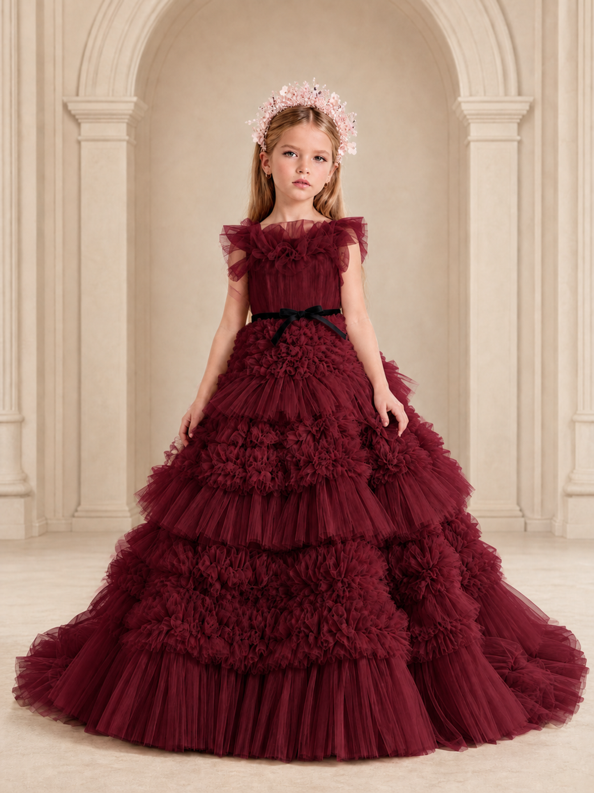 BOLODOO Burgundy Tiered Tulle Flower Girl Dress with Floral Appliques - Burgundy - Burgundy_1