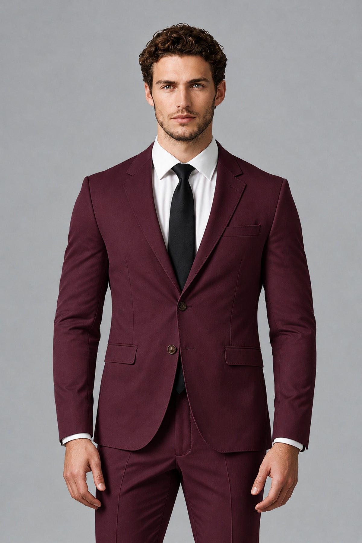Bolodoo Men's Burgundy Two-Piece Suit with Notch-Lapel Jacket & Trousers - Burgundy - Burgundy_1