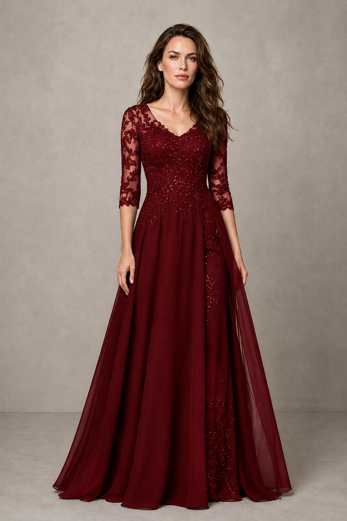BOLODOO Midnight Burgundy Beaded Lace Appliqué Chiffon A-Line Gown | Mother of the Bride & Formal Evening Dress - Burgundy - Burgundy_1