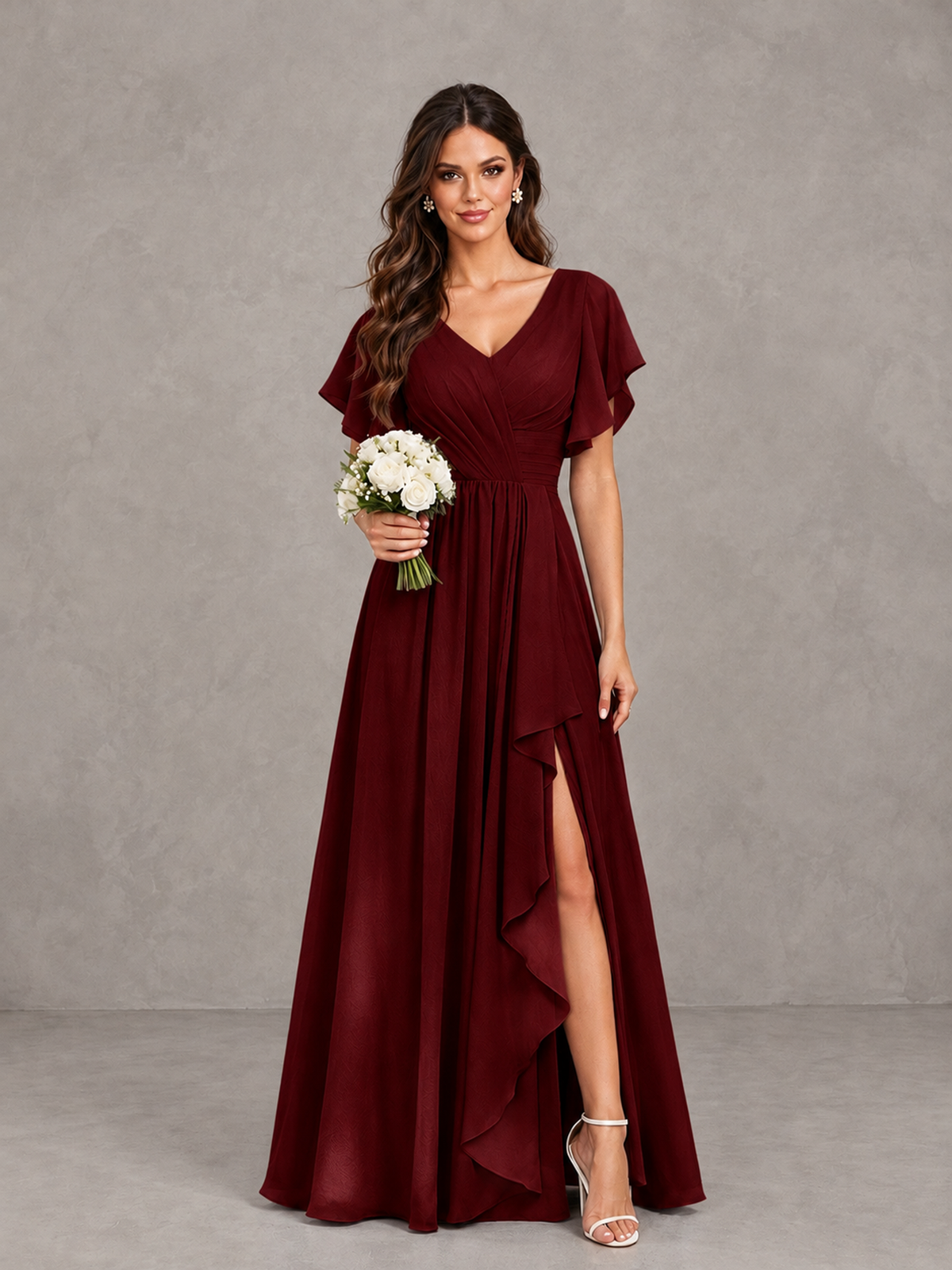 BOLODOO Burgundy Flutter Sleeve V-Neck Bridesmaid Dress with Ruffle Slit - Burgundy - Burgundy_1