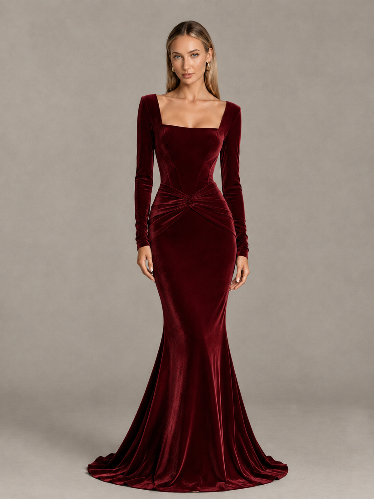 BOLODOO Burgundy Velvet-Look Square Neck Long Sleeve Mermaid Evening Dress - Burgundy - Burgundy_1