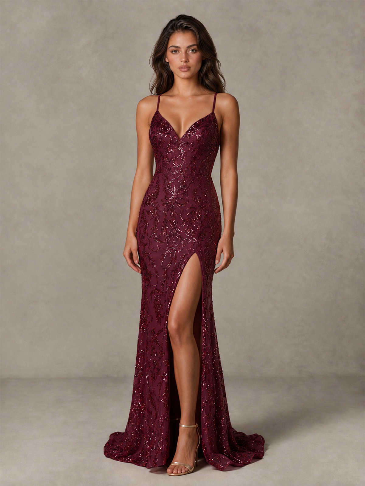 BOLODOO Burgundy Sequin Prom Dress with Lace-Up Back and High Slit - Burgundy - Burgundy_1