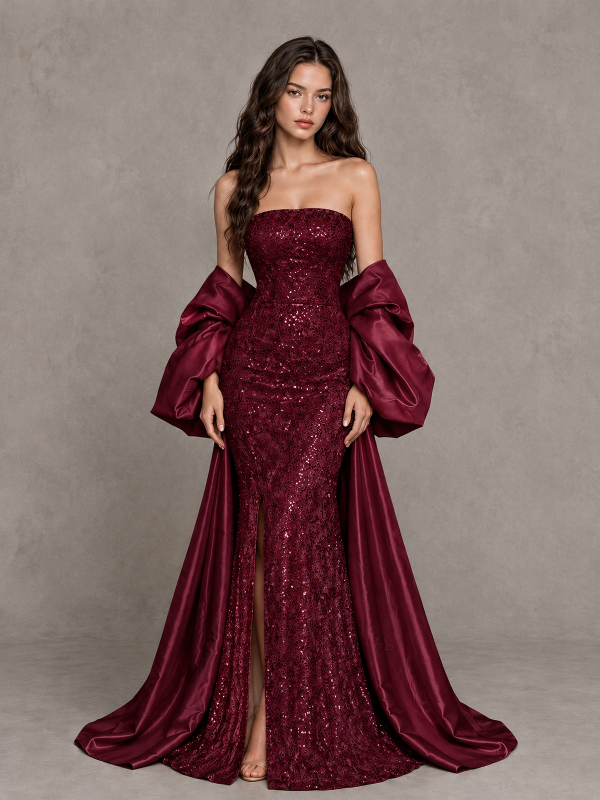 BOLODOO Burgundy Strapless Sparkle Mermaid Prom Dress with Front Slit and Draped Sleeves - Burgundy - Burgundy_1