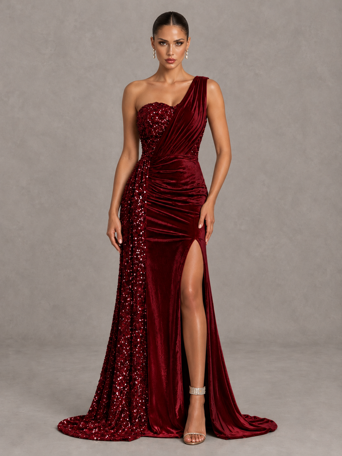 BOLODOO Burgundy One-Shoulder Satin Sequin Gown with High Slit - Burgundy - Burgundy_1