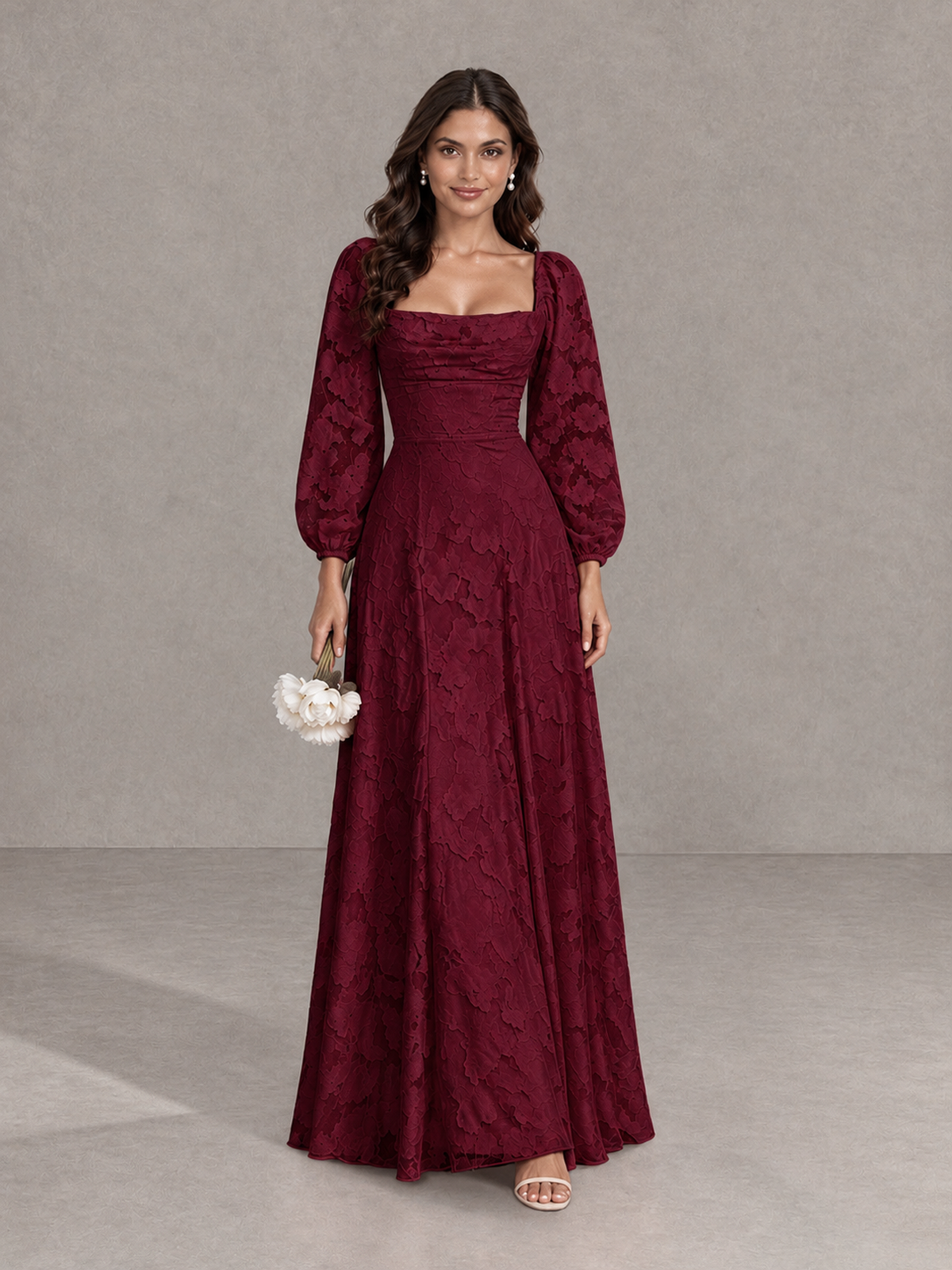 BOLODOO Burgundy Floral Long Sleeve A-Line Bridesmaid Dress - Burgundy - Burgundy_1