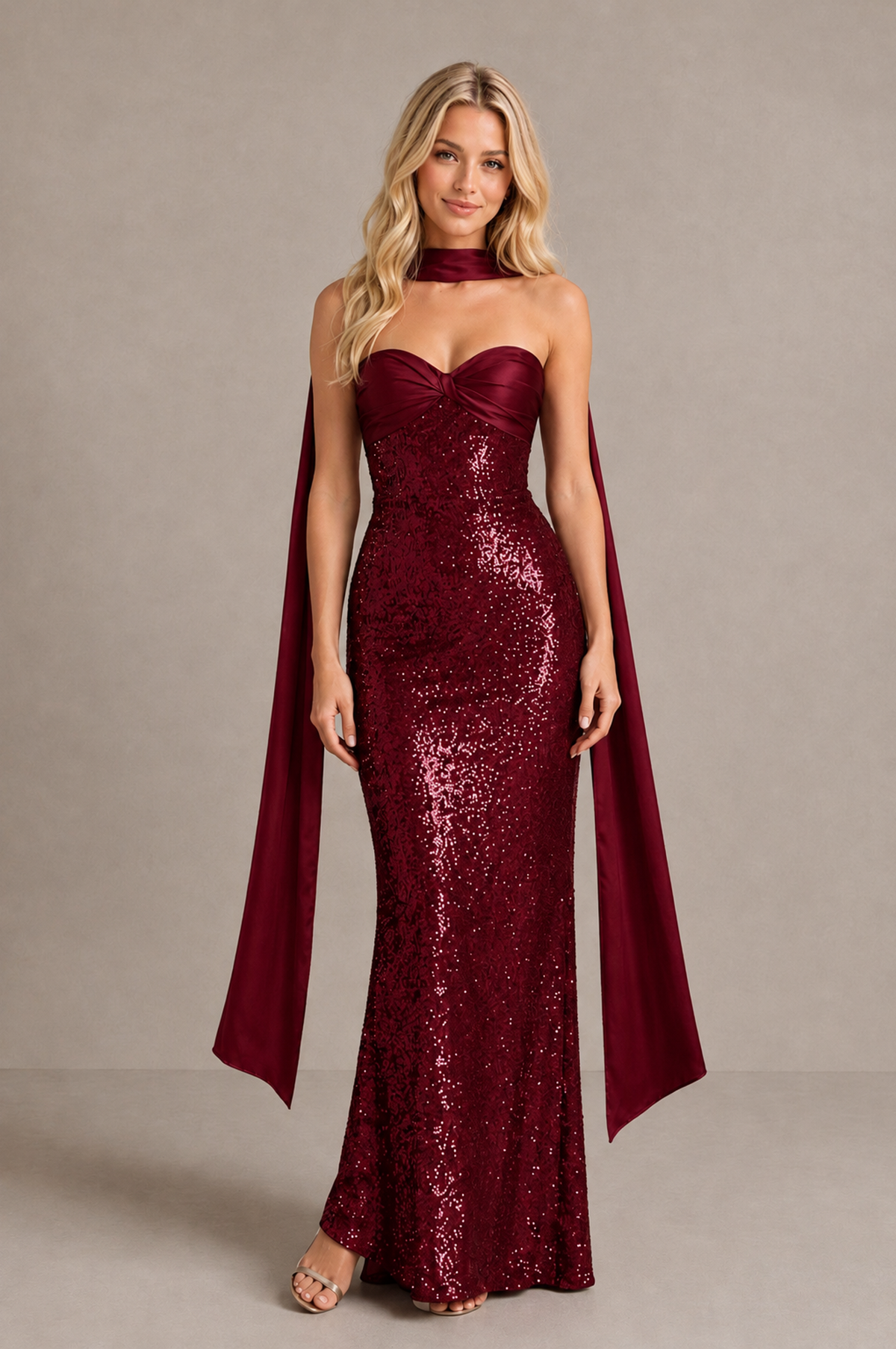 BOLODOO Burgundy Strapless Sweetheart Evening Dress with Scarf - Burgundy - Burgundy_1