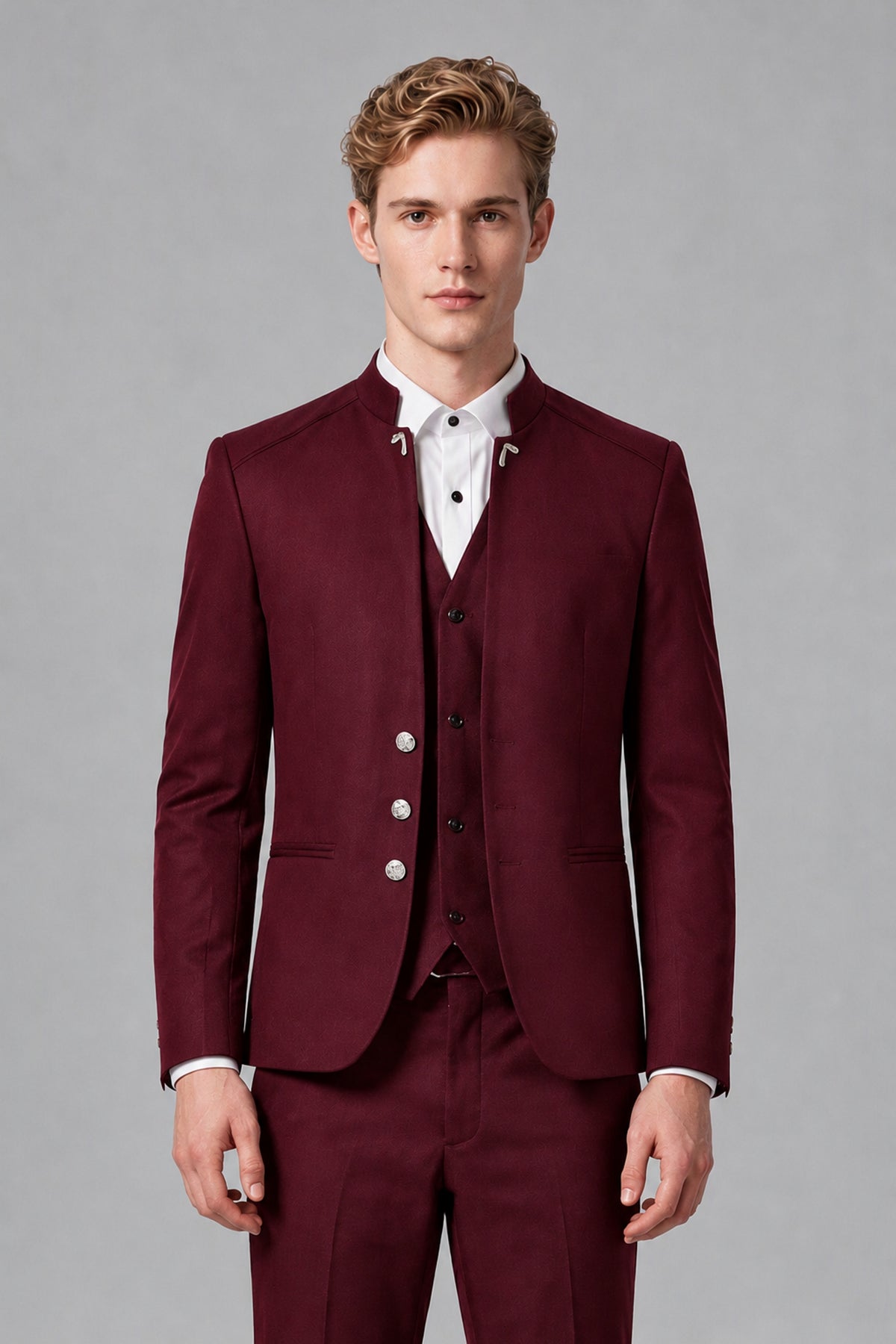 Bolodoo Men's Burgundy Mandarin Collar 3-Piece Suit – Jacket, Vest & Trousers - Burgundy - Burgundy_1