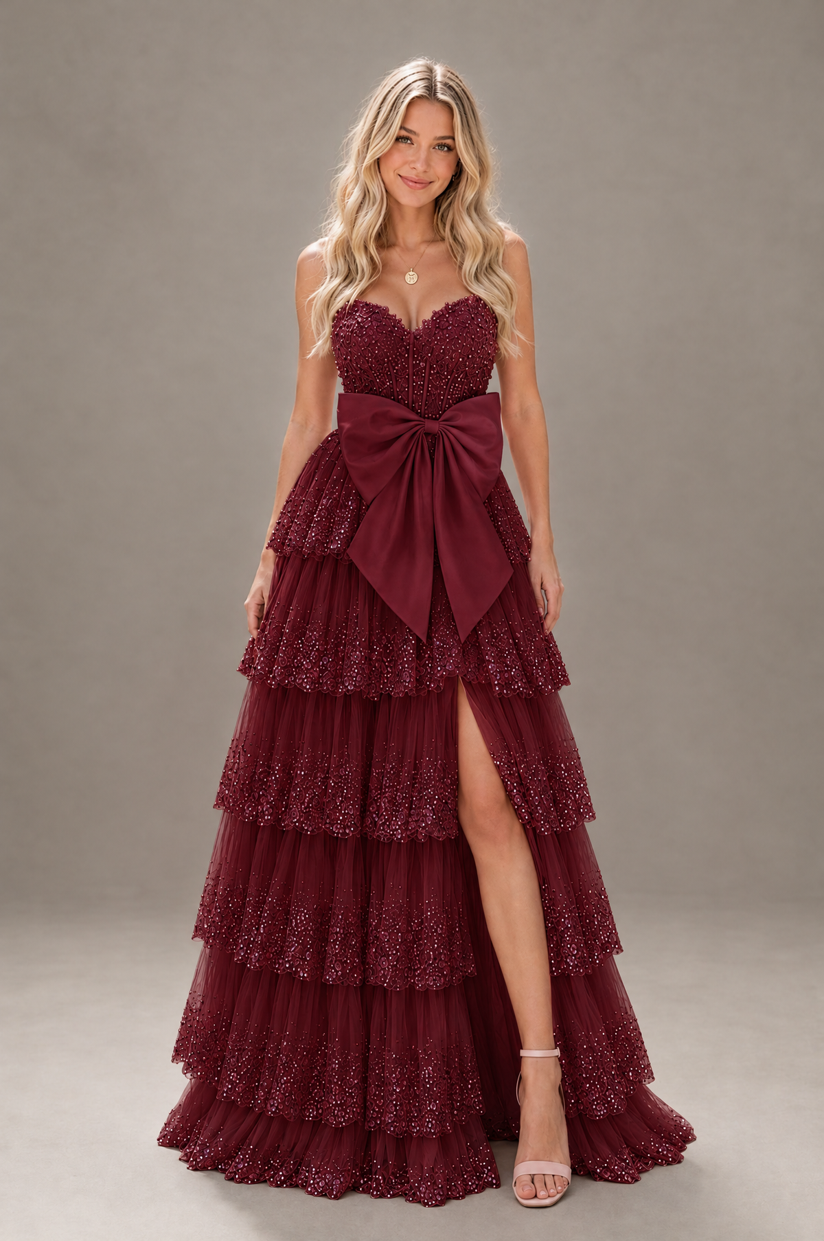 BOLODOO Burgundy Strapless Tiered Tulle Prom Dress with Bow - Burgundy - Burgundy_1