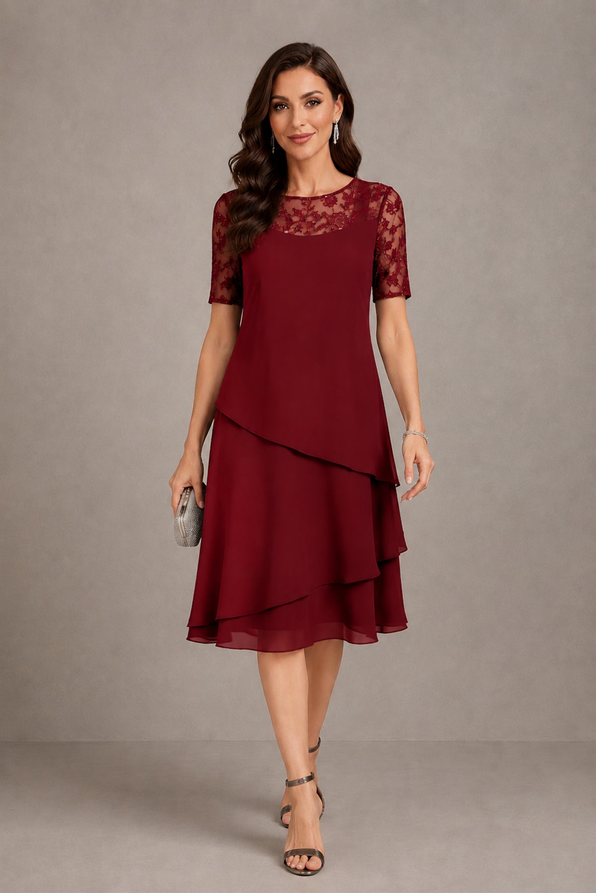 BOLODOO Burgundy Illusion Lace Short Sleeve Tiered Chiffon Tea Length Dress | Mother of the Bride Midi Dress - Burgundy
